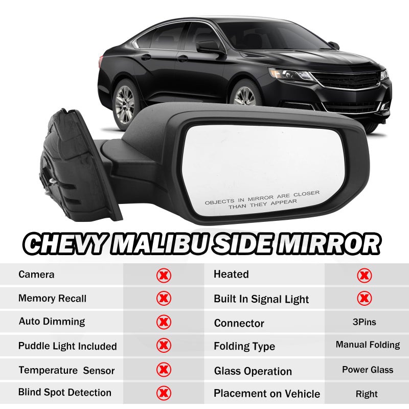 MOFOAP Passenger Side View Mirror Compatible with Chevy Malibu 2016 2017 2018 2019 2020 2021 2022 Mirrors Non Heated Without Signal Light Manual Folding Right - Image 2
